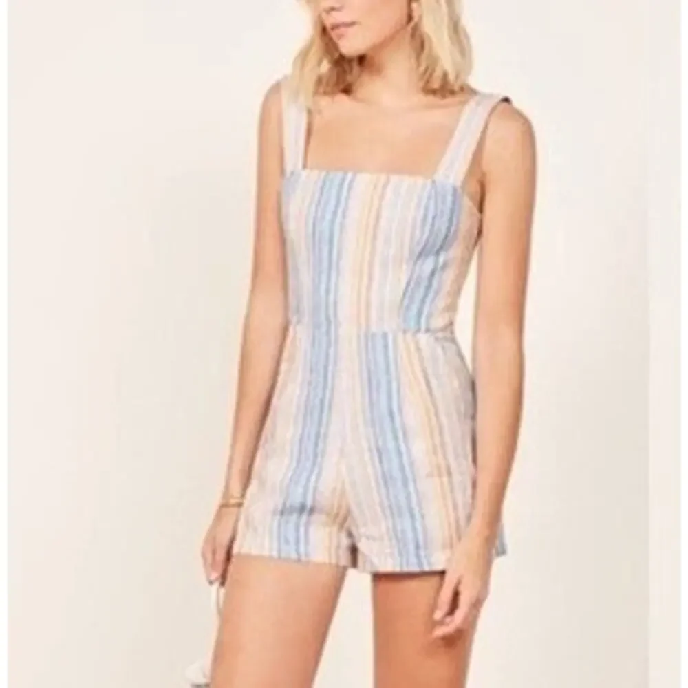 Reformation Island Linen Striped Shorts Romper in Marbella Orange Blue 2